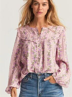 LoveShackFancy Sanderson Floral Print Embroidered Blouse.  SZ S